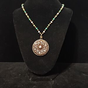 Source Unknown Floral Pendant Necklace with Green and Gold Accents
